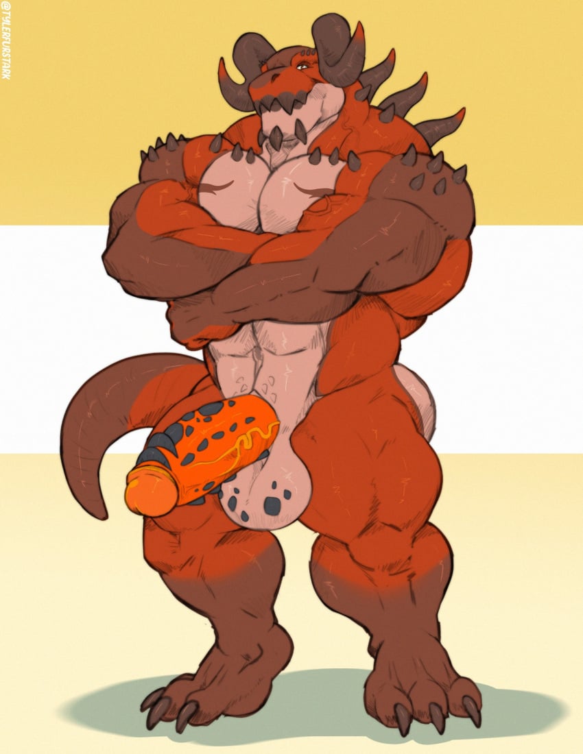 anthro balls bara barazoku boner crossed_arms deathclaw erection fallout horns male male_only muscles muscular nude penis scalie solo solo_male tylerstark