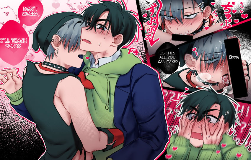 2boys alien_stage black_eyes black_hair blowjob blowjob_face blue_clothing blush blush blush_lines blushing_at_partner blushing_male censor_bar censored censored_genitalia censored_penis choker color colored ear_piercing earrings gay gay_domination gay_male gay_sex green_clothing green_eyes grey_hair hat horny ivan_(alien_stage) over_stimulation overstimulation red_pupils sucking sucking_penis sucking_testicles sweater tease teasing till_(alien_stage) too_much