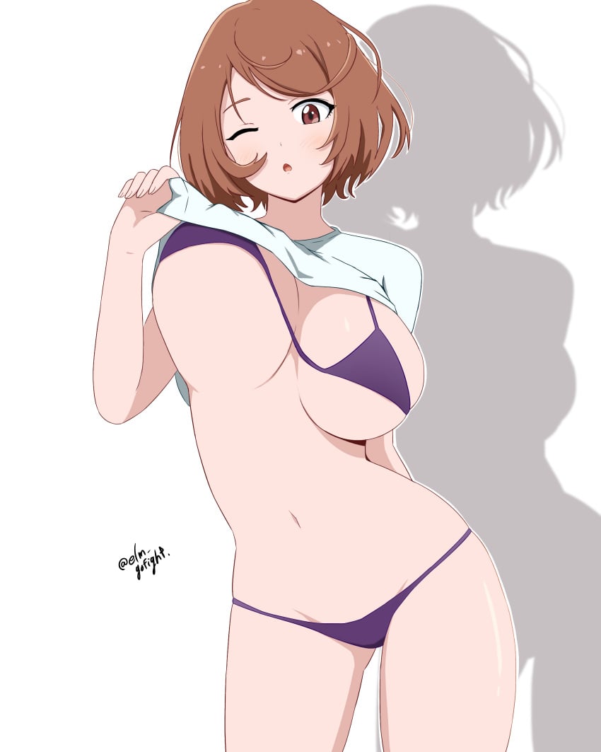 absurdres bikini blush breasts brown_eyes brown_hair clothes_lift entero_gofight female highres large_breasts lifting_own_clothes medium_hair micro_bikini navel one_eye_closed open_mouth purple_bikini saiga_rei_(shangri-la_frontier) shadow shangri-la_frontier shiny_skin shirt_lift skindentation solo swept_bangs swimsuit twitter_username underboob white_background