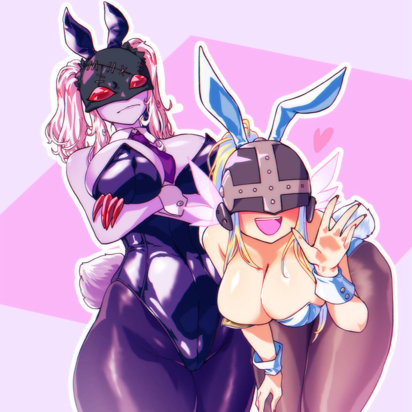 2girls angel angel_girl angewomon big_breasts bunny_ears bunny_tail bunnysuit demon demon_girl digimon digimon_adventure fake_animal_ears female female_only gerusyu huge_breasts ladydevimon large_breasts leaning_forward leotard looking_at_viewer smile twintails