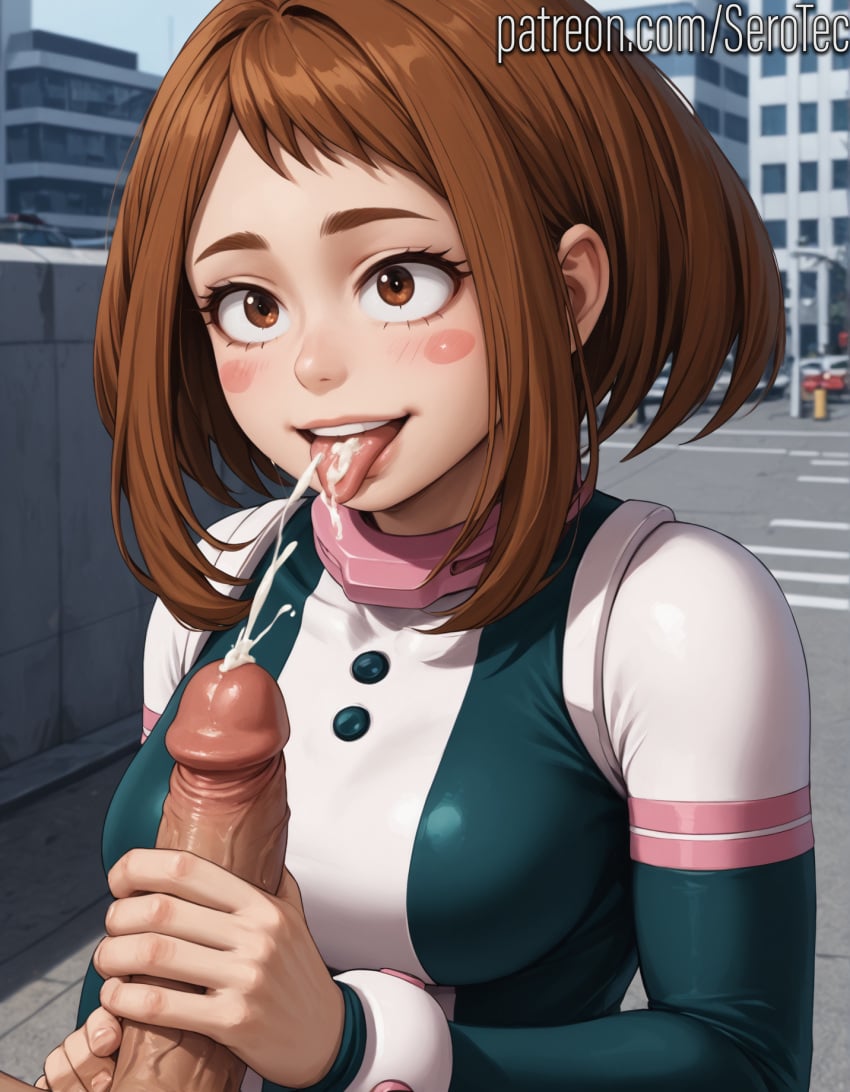 1female 1girls 2d ai_generated big_penis blush_stickers boku_no_hero_academia brown_eyes brown_hair cum_from_handjob cum_in_mouth cum_on_tongue detailed_female female girl handjob hi_res high_resolution highres huge_cock my_hero_academia ochako_uraraka ochako_uraraka_(hero_outfit) pony_diffusion_xltasy serotec short_hair smile straight tongue tongue_out