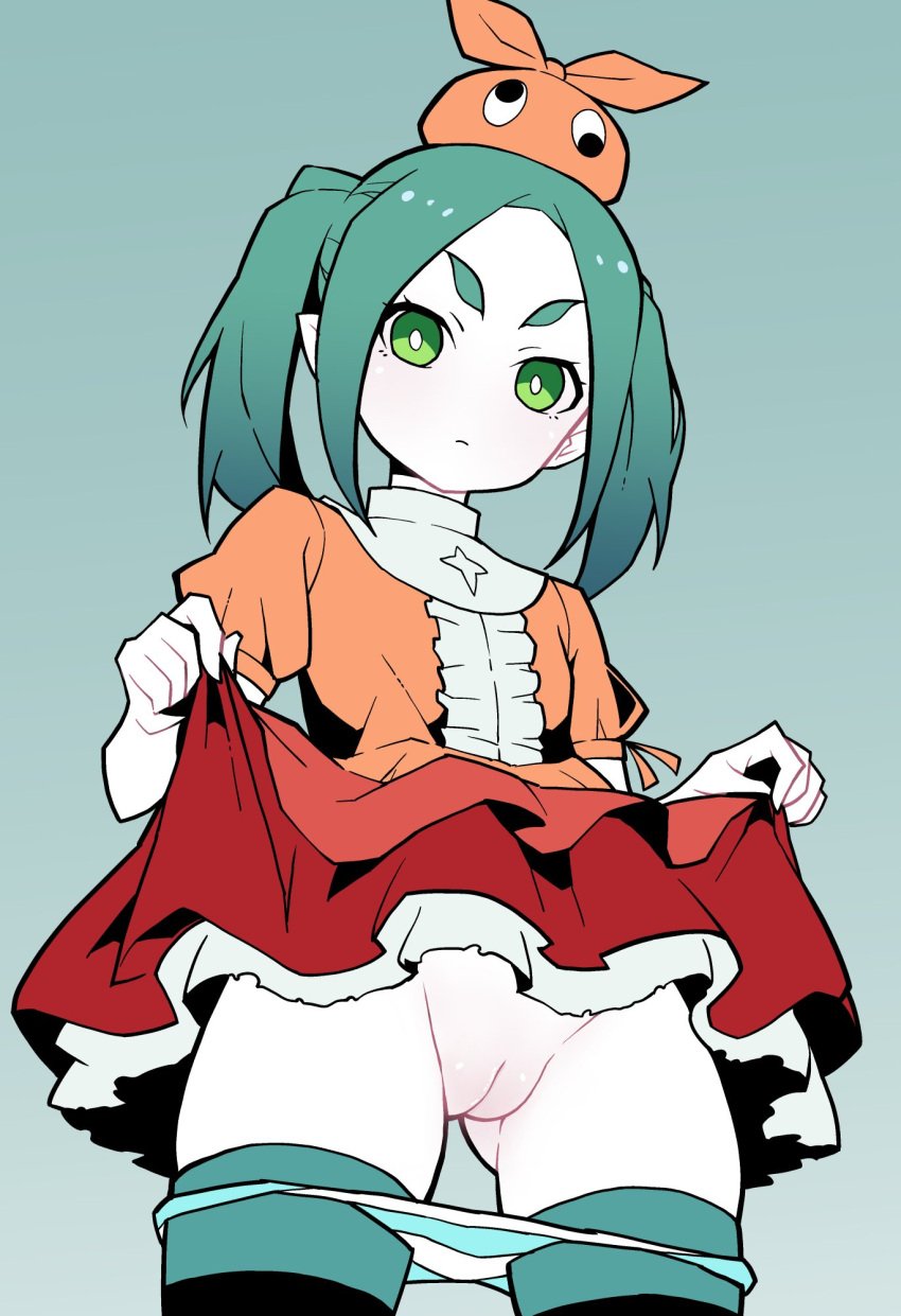 akableak aqua_hair ass_visible_through_thighs cleft_of_venus clothes_lift dress dress_lift female flat_chest green_eyes highres looking_at_viewer medium_hair monogatari_(series) ononoki_yotsugi panties panty_pull pussy short_sleeves simple_background solo striped_clothes striped_panties thighhighs twintails underwear