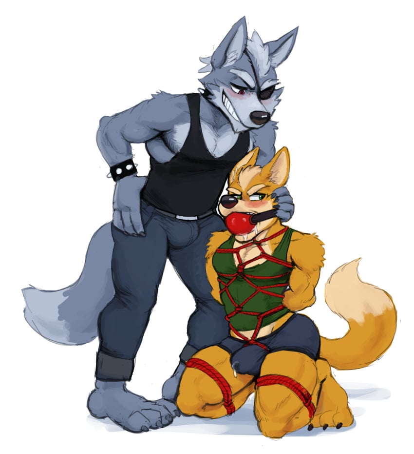 2boys anthro anthro_on_anthro ball_gag blush bondage bound bulge canid canine canis clothed clothing cum cum_through_clothing duo eye_patch eyewear fox fox_mccloud furry furry_only gag gagged gagged_male gay hi_res hicanyoumooforme male male_only mammal muscular muscular_male nintendo no_humans red_ball_gag rope simple_background star_fox video_games white_background wolf wolf_o'donnell yaoi