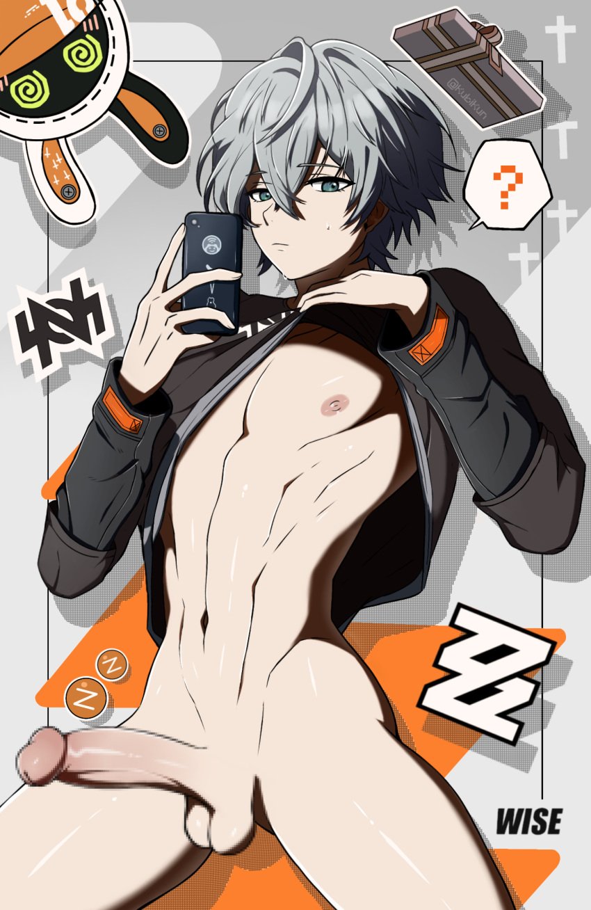 1boy ? @_@ bangboo_(zenless_zone_zero) black_jacket bottomless cellphone eous_(zenless_zone_zero) grey_hair highres jacket kubikun large_pectorals looking_at_viewer male_only navel nipples pectorals penis phone sweatdrop wise_(zenless_zone_zero) zenless_zone_zero