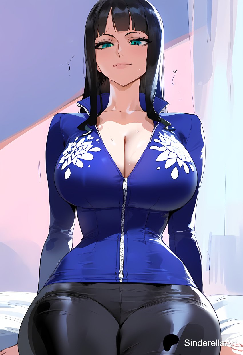 1girls ai_generated black_hair blue_dress breasts dress female female_only long_hair looking_at_viewer nico_robin one_piece sinderellaart solo sweat