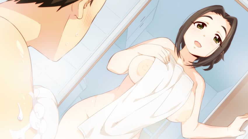 bath bathroom black_hair breasts covering_privates door dutch_angle ebihara_naho female from_below green_eyes idolmaster idolmaster_cinderella_girls indoors large_breasts legs looking_at_another nipples nude open_mouth pole_(ppp1409) short_hair smile solo_focus sponge standing steam sweatdrop thighs towel towel_only