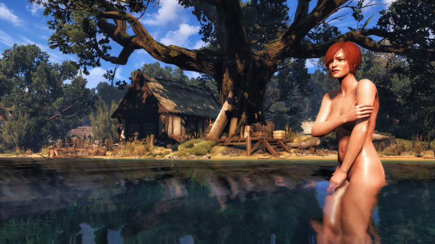 1girls 3d breasts cd_projekt_red embarrassed embarrassed_nude_female female female_only hand_on_breast hand_on_crotch in_water red_hair shani solo the_witcher the_witcher_(series) the_witcher_3:_wild_hunt vagina xpsfm yellow_eyes