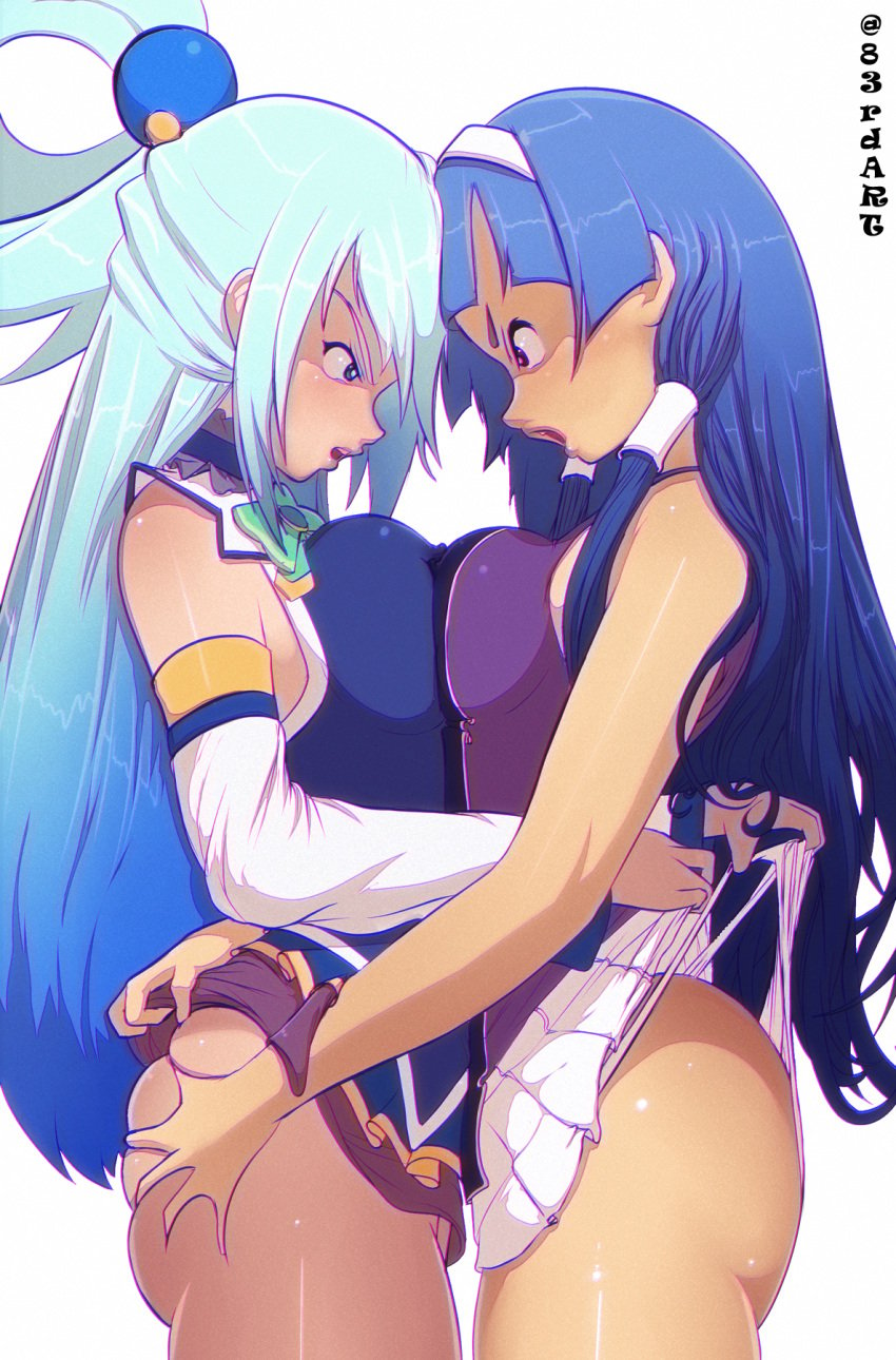 83rdart angry angry_face aqua_(konosuba) artist_logo artist_name artist_signature ass ass_grab ass_squeeze belly belly_to_belly blue_eyes blue_hair breast_press breast_pressed breasts breasts_press breasts_pressed_against_partner breasts_pressed_together catfight competitive competitive_intercourse competitive_sex crossover face_to_face forehead_to_forehead hate hate_fuck hate_sex holding holding_ass kannagi kono_subarashii_sekai_ni_shukufuku_wo! looking_at_another looking_at_partner nagi nagi_(kannagi) sexfight staredown thick_thighs thighs titfight wedgie