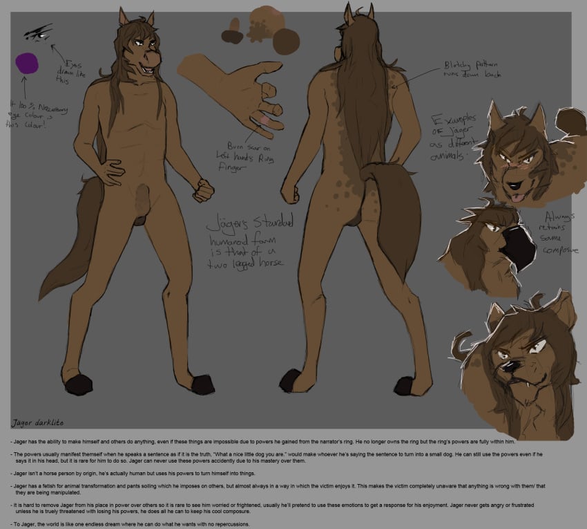 5_fingers anthro biped english_text equine front_view fur hair horse humanoid_hands jager-darklite jager_(jager-darklite) long_hair male mammal model_sheet multiple_angles rear_view solo text