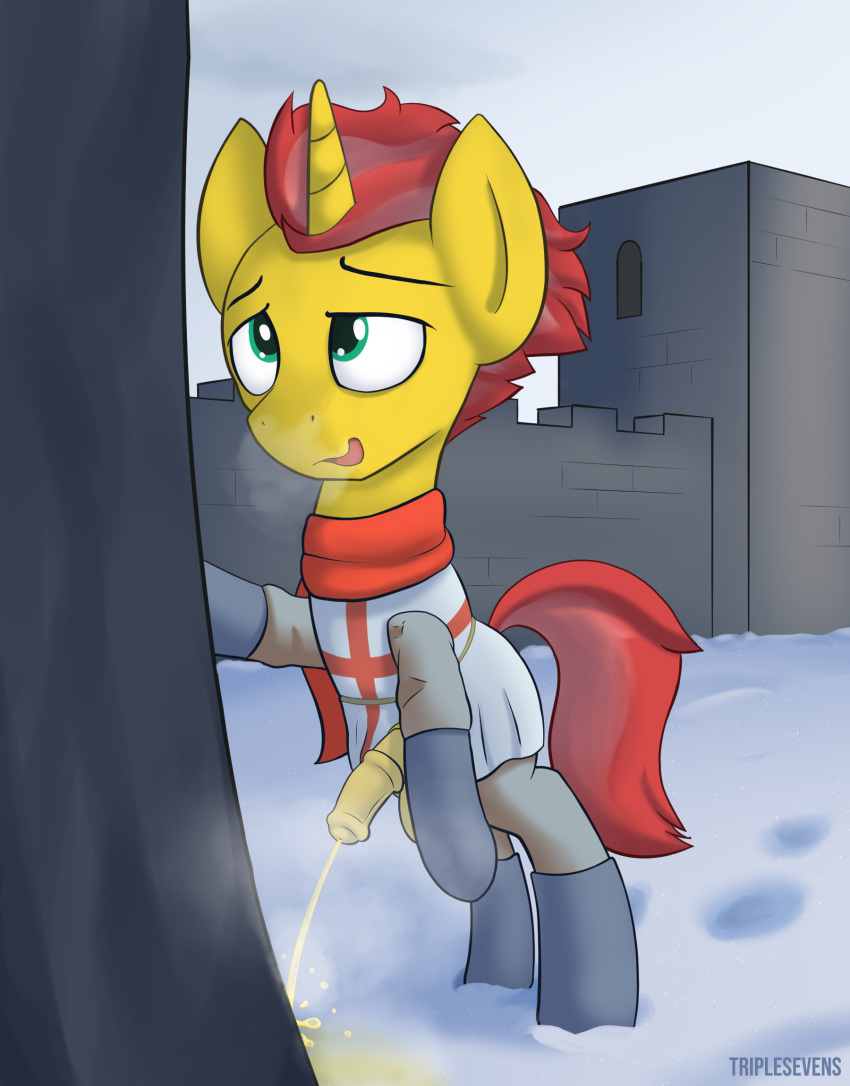 2019 armor castle clothed clothing equine horse knight male mammal my_little_pony open_mouth peeing penis pony relief snow solo steam triplesevens_(artist) urine watersports