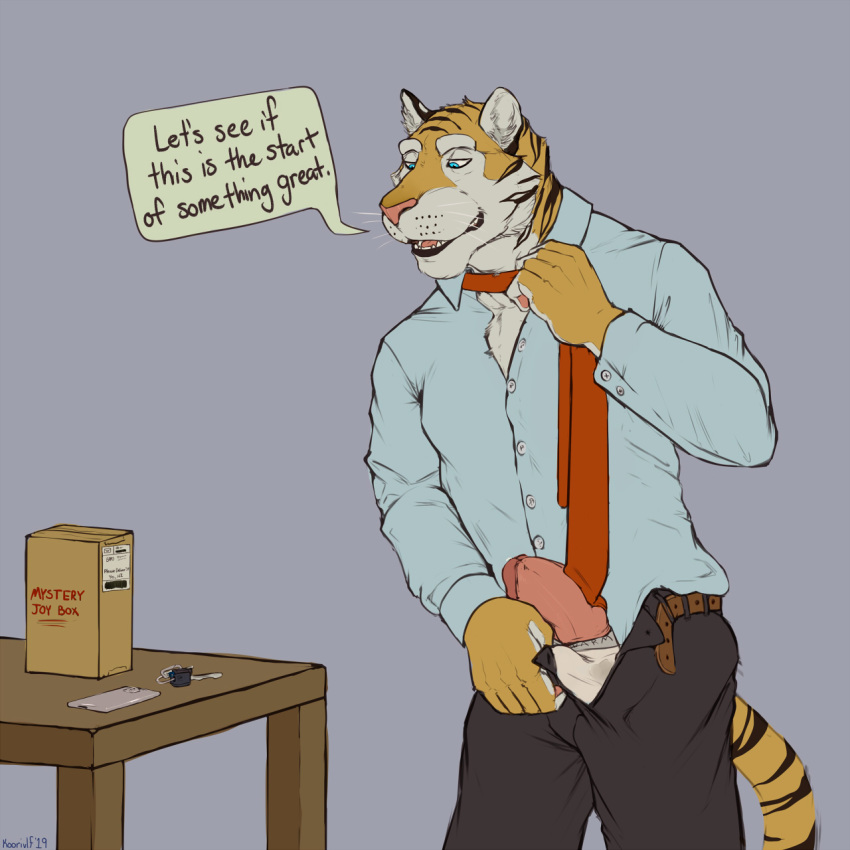 2019 anthro belt blue_eyes box bulge clothed clothing dialogue english_text erection felid feline fluffy frederick fur furniture humanoid_penis keys koorivlf male male_only mammal mostly_clothed necktie open_mouth orange_fur pantherine pants penis phone pink_nose poking_out precum simple_background smile solo speech_bubble standing striped_fur stripes suit table teeth text tiger tongue underwear