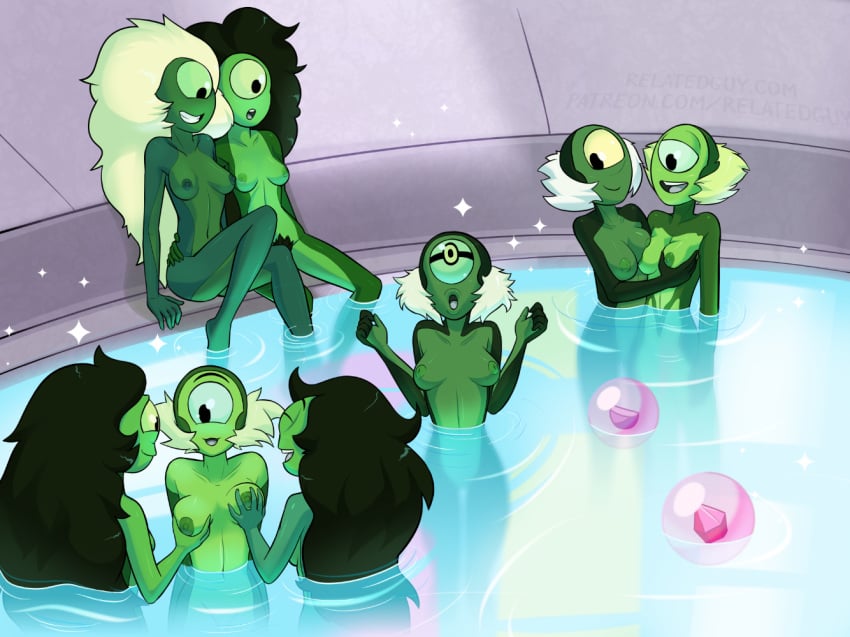 alien alien_girl alien_humanoid big_lips breast_grab breasts cartoon_network centipeetle change_your_mind_(steven_universe) cyclops female gem_(species) green_hair green_nipples lips long_hair multiple_girls nephrite_(steven_universe) one-eyed pool pubic_hair relatedguy steven_universe white_hair yellow_hair yuri