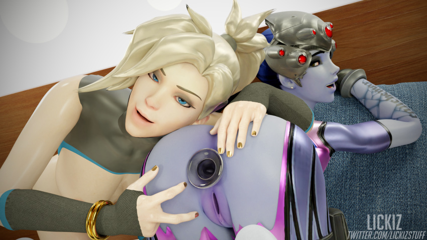 2girls 3d anal_insertion anus ass blender buttplug deep_penetration female female_only lickiz looking_at_viewer looking_back mercy overwatch pussy sex_toy widowmaker