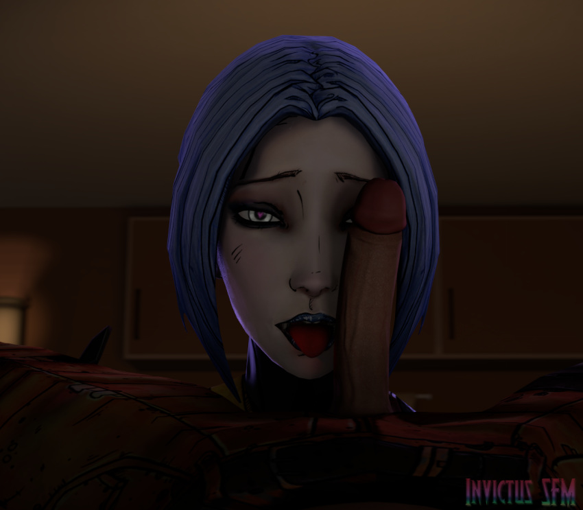 1girls 3d blue_eyes blue_hair blue_lipstick bob_cut borderlands borderlands_2 cute eye_contact eyeshadow facesitting gray_hair grey_hair heart-shaped_pupils imminent_oral invictussfm maya_(borderlands) medium_hair open_mouth oral pale-skinned_female penis petite pov psycho silver_eyes siren_(borderlands) skinny solo source_filmmaker tattoo tongue tongue_out up_close