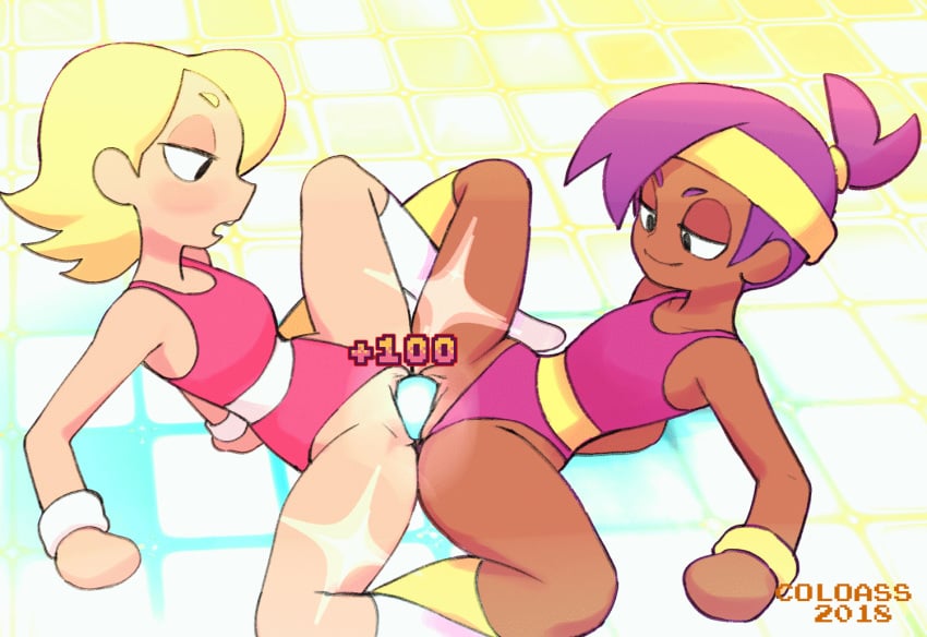 2018 2girls animated animated_gif chocolate_and_vanilla colo dark-skinned_female dildo double_dildo elodie enid eyeshadow female female_only hourglass_figure leotard leotard_aside multiple_girls ok_k.o.!_let's_be_heroes penetration pussy sex spread_legs teenager vaginal_penetration yuri