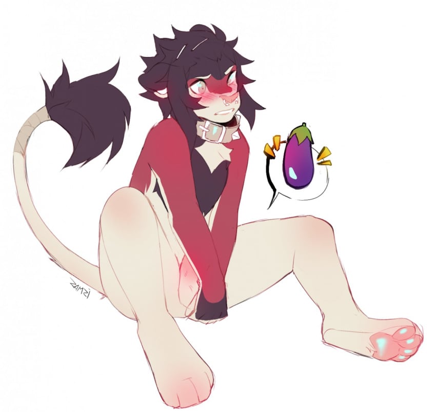 anthro balls blush collar covering covering_crotch covering_self eggplant erection facial_piercing felid food fruit fur lion male male_only mammal nose_piercing pantherine pawpads penis penis_base piercing red_fur simple_background solo solo_male white_fur zamzi