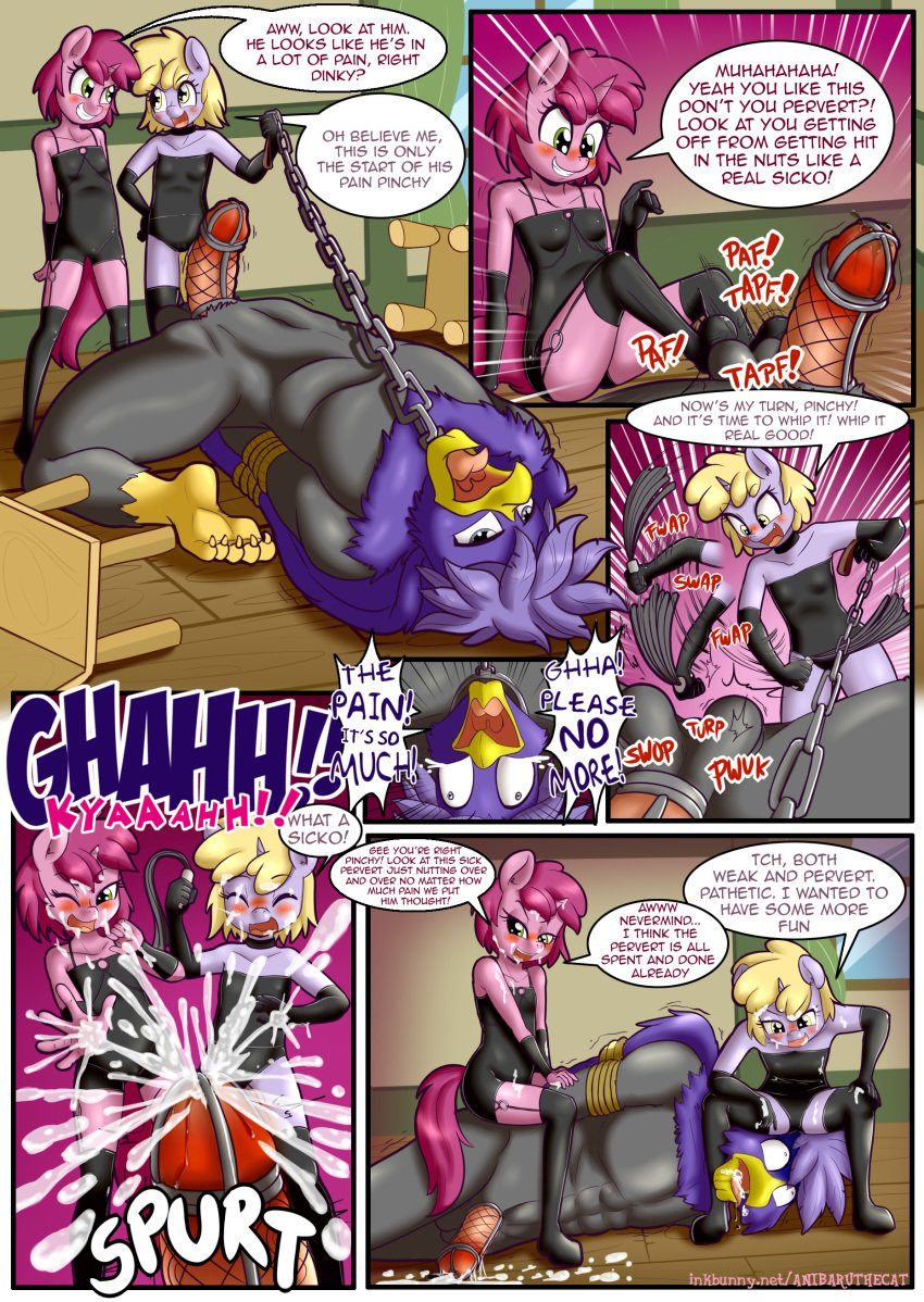 2019 absurd_res anibaruthecat anthro armwear avian beak blush bondage bound chains chair closed_eyes clothing comic cum cum_on_face dialogue dinky_hooves_(mlp) elbow_gloves english_text equine female friendship_is_magic gloves grin group highres horn inside legwear male mammal my_little_pony open_mouth penis ruby_pinch_(mlp) smile straight text unicorn