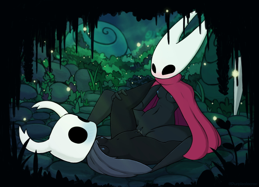 2019 3_fingers arthropod blush breasts clitoris cloak clothing eye_contact female forest genderswap hollow_knight hornet_(hollow_knight) humanoid incest lying nipples on_back protagonist_(hollow_knight) purplealacran pussy pussy_juice rule_63 sex siblings small_breasts spread_legs spreading tree tribadism weapon yuri