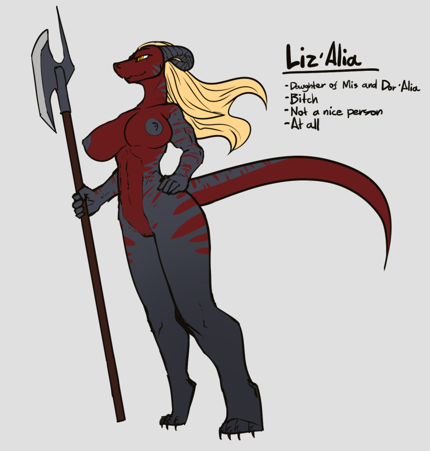 anthro big_breasts black_skin blonde_hair breasts dragon female feretta hair halberd horn liz'alia melee_weapon muscular muscular_female nude orange_eyes polearm pussy red_skin simple_background solo weapon