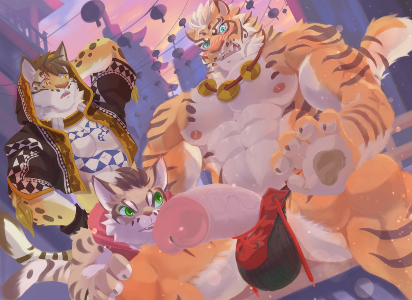 2019 abs anthro biceps clothed clothing clouded_leopard erection felid feline fur hi_res kunn_(artist) leopard leopard_cat likulau lin_hu male male_only mammal muscular muscular_male nekojishi nipples pantherine pecs penis shu-chi simple_background tiger wardrobe_malfunction