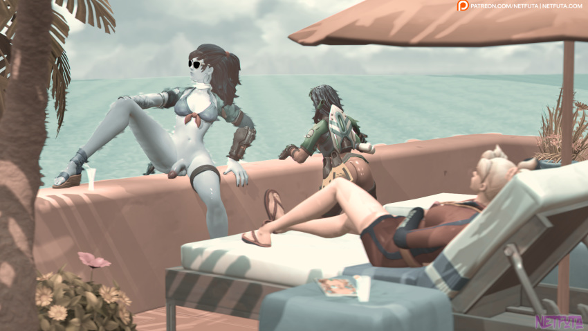 1futa 2girls 3d alternate_costume cote_d'azur_widowmaker exposed_ass female futanari group intersex mercy netfuta open_toe_shoes overwatch resting seaside shiny_skin sombra source_filmmaker sunlight swimsuit swimwear tulum_sombra widowmaker