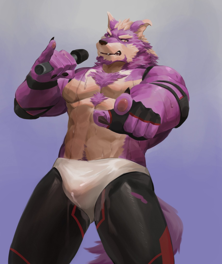 2019 abs anthro biceps canid canine canis clothed clothing fur hi_res male male_only mammal muscular muscular_male pecs simple_background solo wball wolf