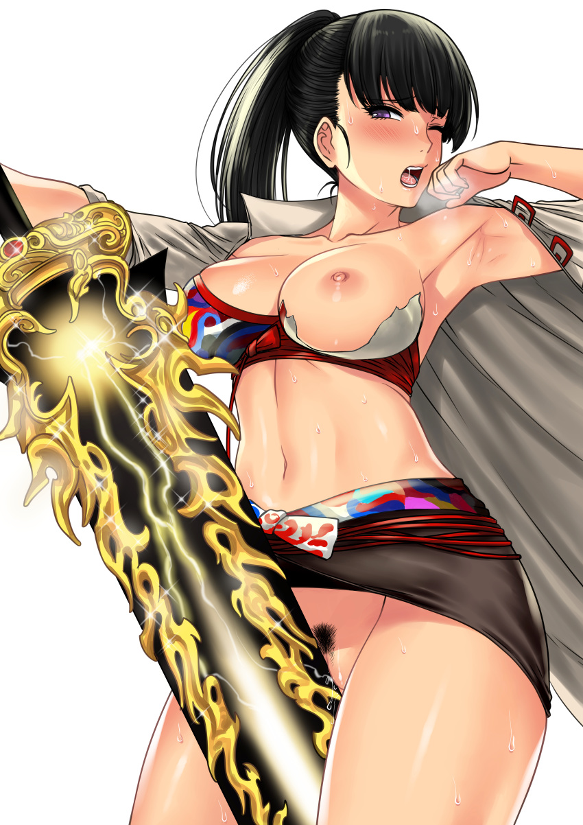 absurdres areolae armpits black_hair blade_&_soul blush breasts breasts_out coat commentary cowboy_shot english_commentary female highres huge_filesize large_breasts long_hair looking_at_viewer masturbating_with_weapon masturbation millipen_(medium) navel nipples no_panties one_breast_out one_eye_closed open_clothes open_coat open_mouth ponytail pubic_hair purple_eyes skirt solo sweat sword torn_clothes traditional_media weapon white_background xtermination