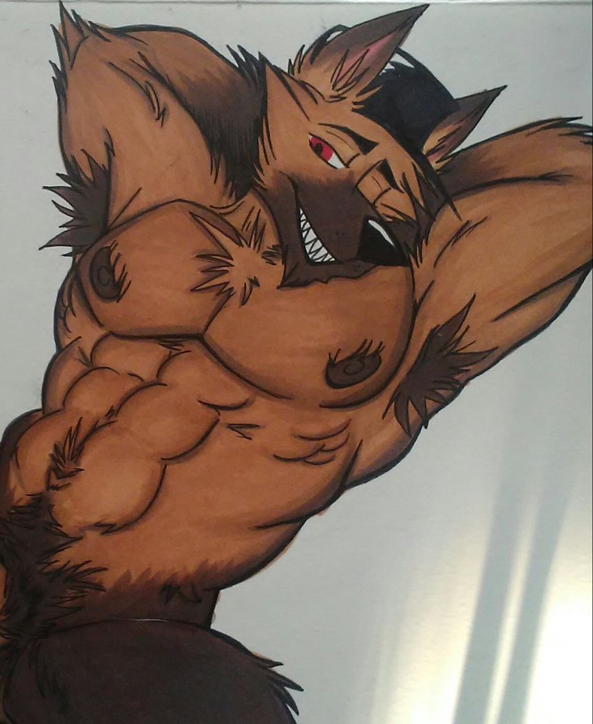 abs alejandrogsd_(artist) anthro armpit_hair brown_fur canid canine canis fur german_shepherd grin hands_behind_head hat male male_only mammal muscular muscular_male nipples nude pecs pubes smile solo traditional_media_(artwork)