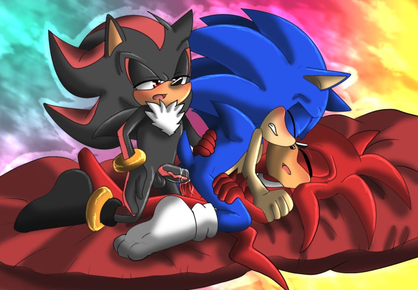 anal anal_sex angelofhapiness anthro balls closed_eyes clothing double_anal double_penetration erection eulipotyphlan gloves group half-closed_eyes hand_on_back hedgehog knuckles_the_echidna male male_only male_penetrating mammal penetration penis red_eyes sex shadow_the_hedgehog smile sonadow sonic_(series) sonic_the_hedgehog sonknux video_games yaoi