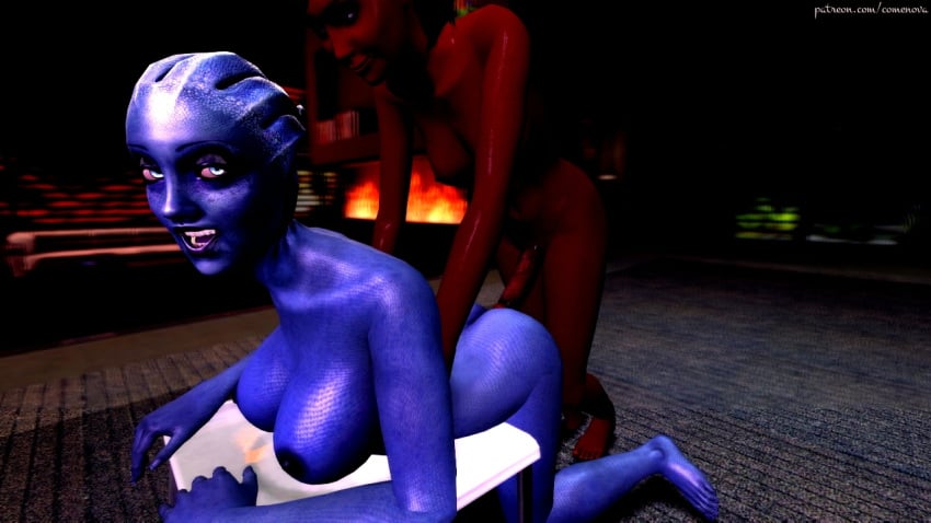 2futas 3d alien anal areolae asari ass breasts comenova dark-skinned_futanari erect_nipples erection futa_on_futa futa_only futanari intersex large_ass large_breasts liara_t'soni mass_effect nipples nude penis samantha_traynor wide_hips