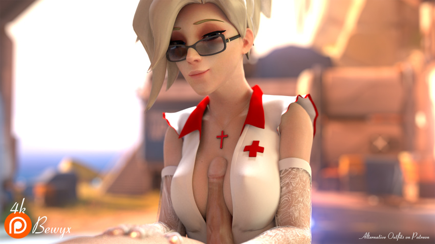 3d alternate_costume bewyx big_penis blonde_hair circumcised female glasses gold_fingernails gold_nail_polish gold_nails male mercy nurse outercourse overwatch paizuri penis smile straight watchpoint:_gibraltar_(map)