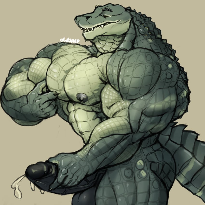 1boy abs absurd_res alligator anthro balls biceps big_penis closed_eyes crocodilian erection hi_res huge_muscles huge_pecs humanoid_penis male male_only masturbation muscular muscular_male navel nipple_pinch nude oldshep open_mouth pecs penis pinch precum reptile retracted_foreskin scales scalie sharp_teeth side_view solo standing teeth uncut vein veiny_penis