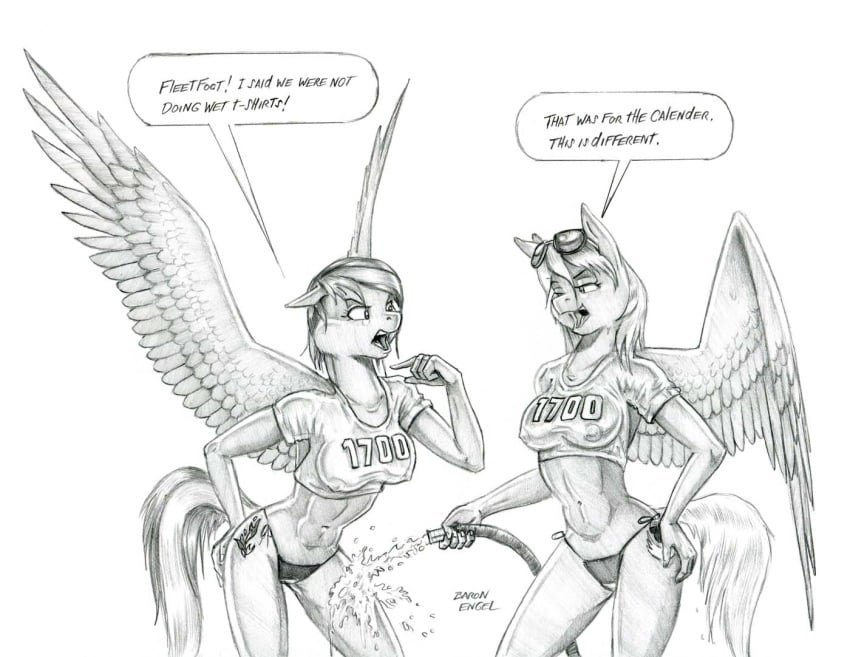 anthro baron_engel breasts clothing cutie_mark duo equine female fleetfoot_(mlp) friendship_is_magic mammal monochrome my_little_pony nipples pegasus shirt spitfire_(mlp) translucent wet wet_shirt wings wonderbolts_(mlp)