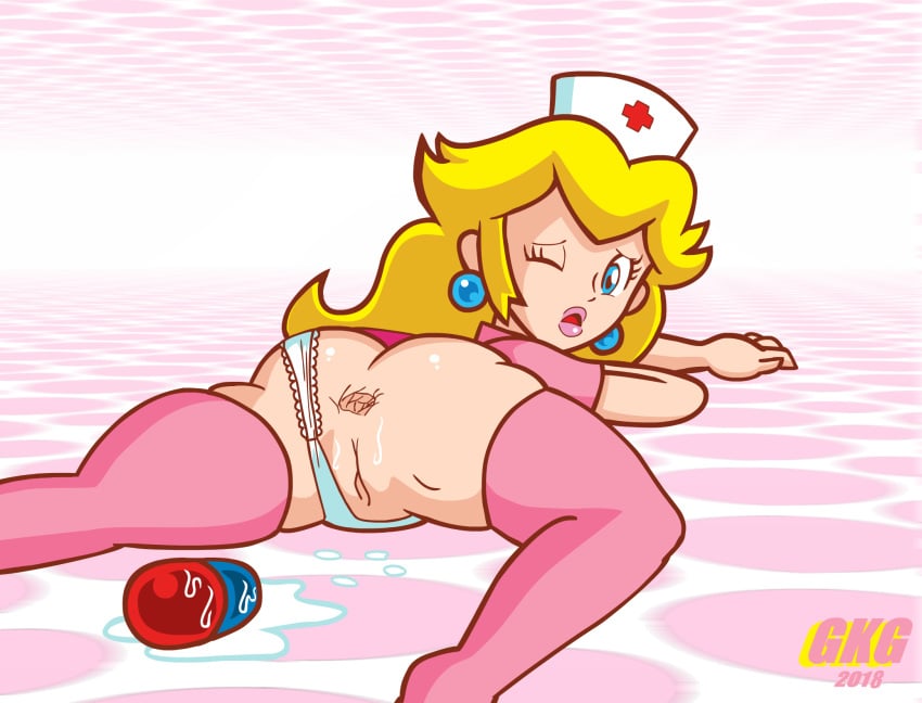 1girls anal_insertion anus ass blonde_hair blue_eyes butt cum dr._mario_(series) earrings female female_only gaping gaping_anus gkg light-skinned_female light_skin lips lipstick long_hair lying_down mario_(series) megavitamin nintendo nurse nurse_cap nurse_peach nurse_uniform official_style one_eye_closed pale-skinned_female pale_skin panties panties_aside pearl_earrings pill pink_background princess_peach pussy red_cross short_sleeves simple_background solo solo_female super_princess_peach thick thick_thighs thighhighs thighs white_panties wide_hips