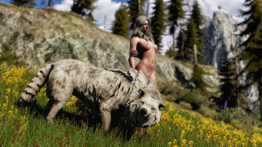 3d areolae blue_eyes breasts cd_projekt_red ciri hands_behind_back long_hair looking_at_viewer nipples outside pubic_hair scar standing the_witcher_(series) the_witcher_3:_wild_hunt white_hair white_wolf wolf xpsfm