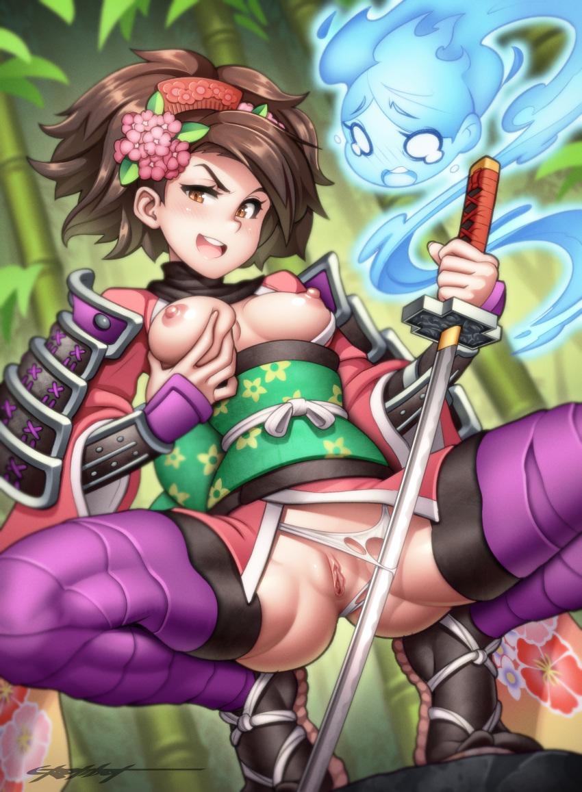 breast_hold brown_hair canon_genderswap canon_possession embarrassed erotibot grabbing_own_breast japanese_clothes light_brown_eyes momohime muramasa_the_demon_blade nipples oboro_muramasa possessed possession pussy self_fondle self_grope spirit sword torn_clothes uncensored