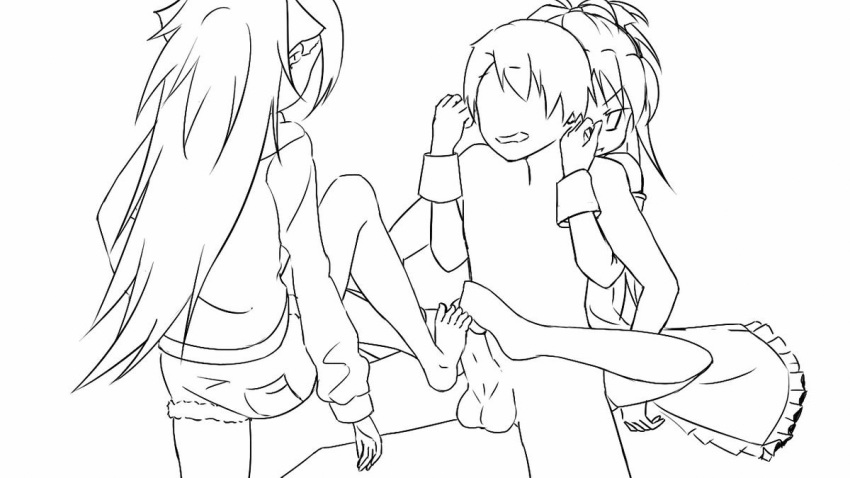 1boy 2girls animated artist_request barefoot black_and_white clone clones dominant dominant_female domination feet female femdom foot_fetish footjob line_art mahou_shoujo_madoka_magica male monochrome multiple_girls penis ponytail puella_magi_madoka_magica sakura_kyouko toes uncensored