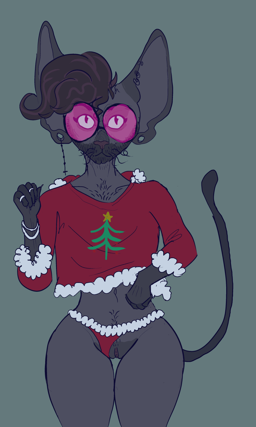 1cuntboy anthro beard body_hair christmas christmas_outfit clothing cuntboy cuntboy_only digital_media_(artwork) domestic_cat eyewear facial_hair feline glasses holidays intersex jewelry lingerie looking_at_viewer mammal mustache panties panties_aside piercing pinup pose pussy ring solo sphynx_(cat) sweater thick_thighs thong ugly_sweater underwear vagina