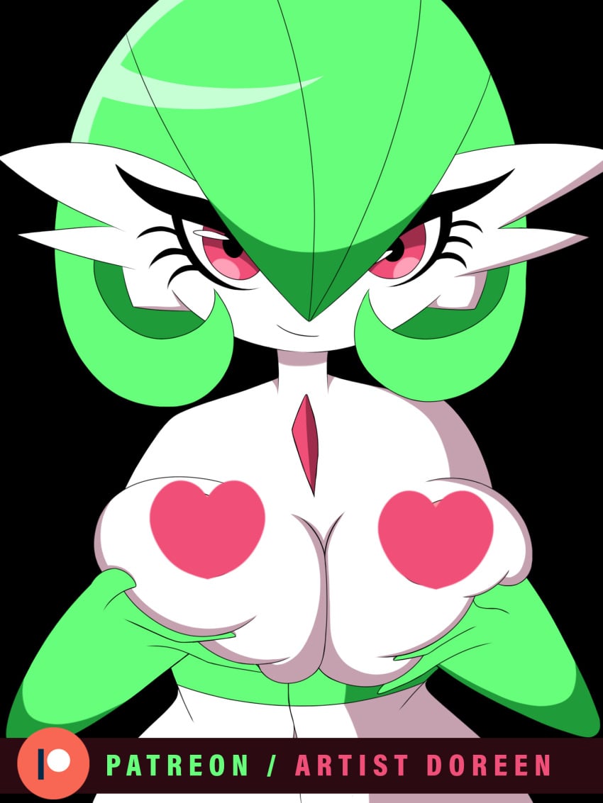 1girls 2019 3_fingers anthro big_breasts black_background breasts doreen eyelashes female female_only gardevoir green_hair green_skin hair heart heart_censor hi_res holding huge_breasts humanoid large_breasts looking_at_viewer nintendo nipple_censor patreon pink_eyes pokémon_(species) pokemon pokemon_(species) pokemon_rse red_eyes short_hair simple_background smile solo text video_games watermark white_skin