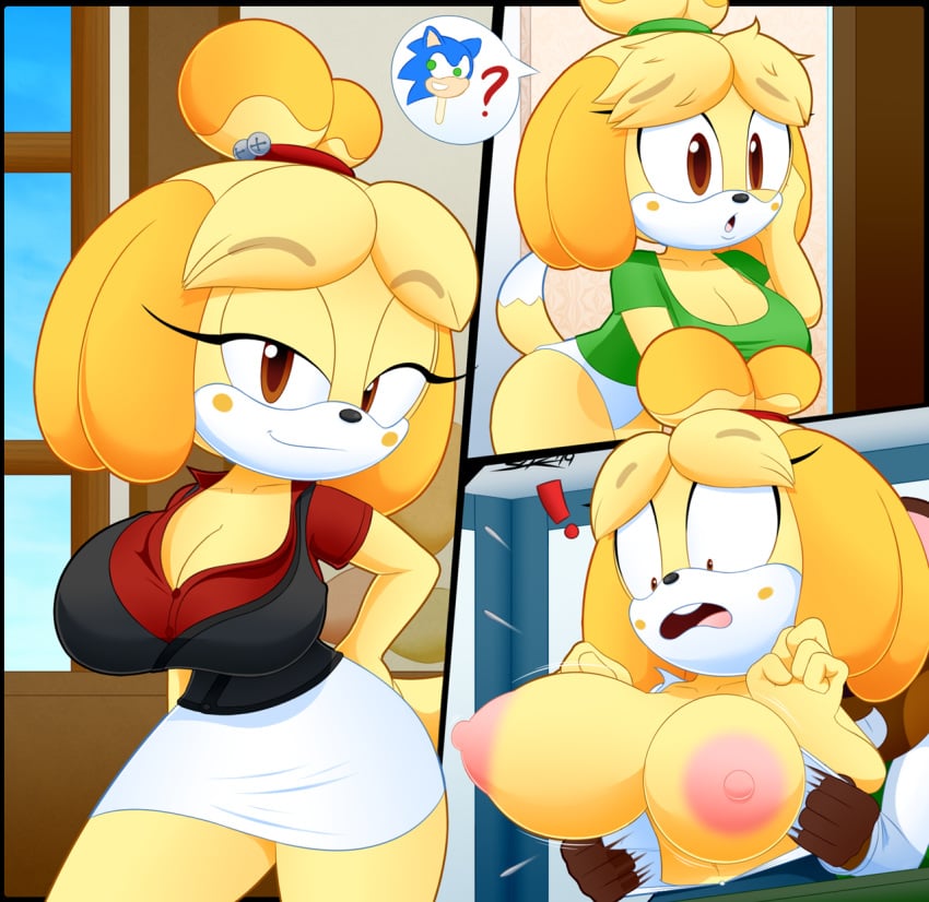 1boy 1girls 2018 animal_crossing anthro areolae assisted_exposure big_breasts blonde_hair blush breasts canid canine canis cleavage clothed clothing exposed_breasts female fur hair huge_breasts isabelle_(animal_crossing) large_breasts male mammal nintendo nipples open_mouth panties popsicle shih_tzu slickehedge smile sonic_(series) thick_thighs tom_nook topless underwear video_games yellow_fur