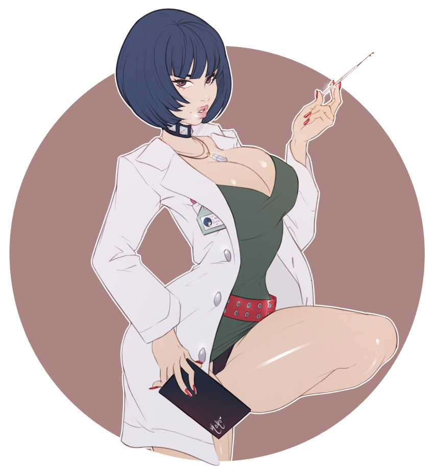 absurdres badge belt black_hair black_panties breasts brown_eyes buttons choker cleavage collar eyebrows eyebrows_behind_hair female holding_syringe kokobuttz labcoat large_breasts nail_polish necklace panties persona persona_5 pinup shirt short_hair simple_background solo syringe tae_takemi underwear