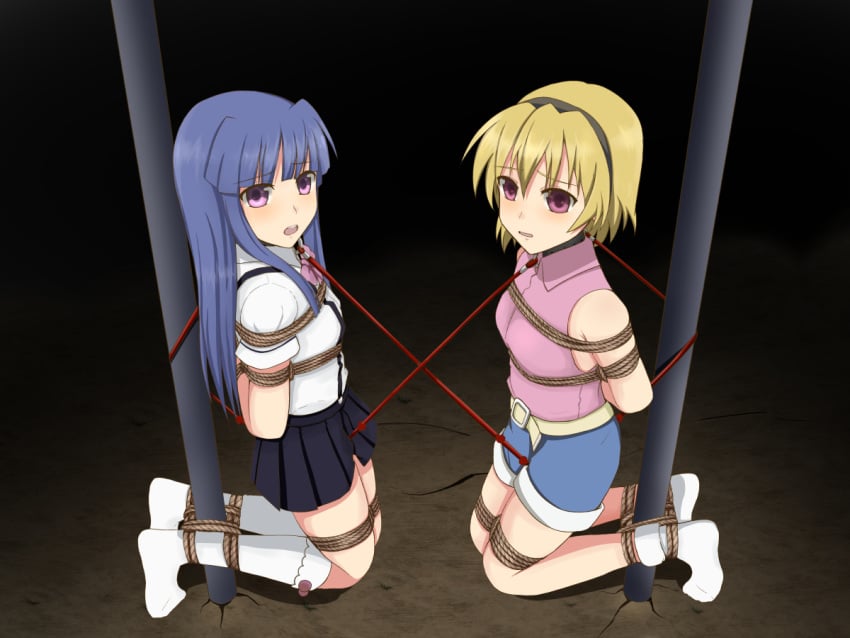 07th_expansion 2girls blonde_hair blue_hair blue_skirt blush bound femto(artist) furude_rika hairband hands_behind_back higurashi_no_naku_koro_ni houjou_satoko kneeling long_hair looking_at_viewer multiple_girls no_shoes purple_eyes shirt shorts sitting skirt socks vibrator white_shirt white_socks