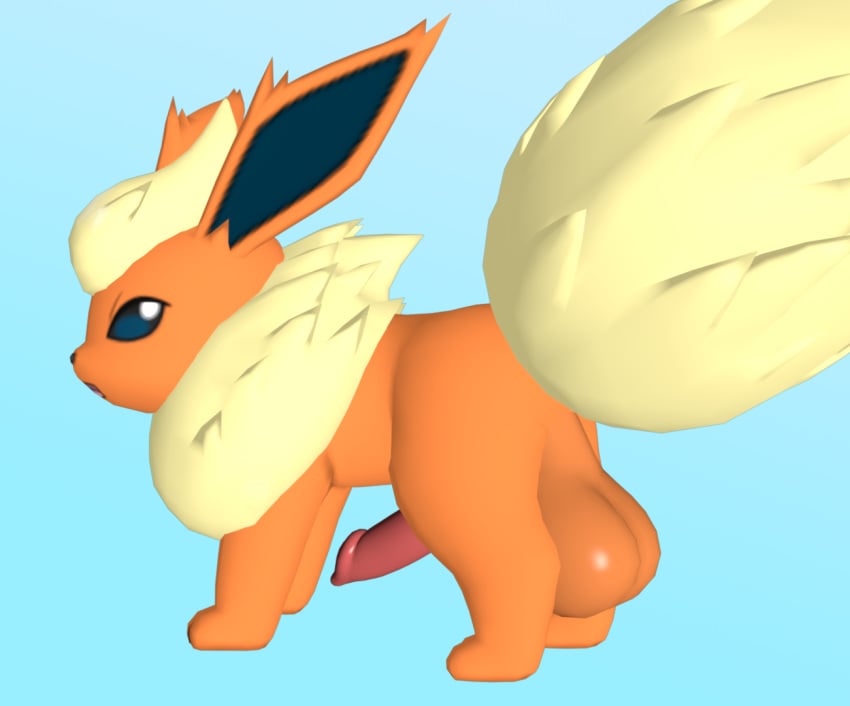 1boy 3d animal_genitalia animal_penis big_testicles canine canine_penis flareon from_behind furry gradient_background male male_only meowchan penis pokemon pokemon_(species) pokemon_rgby simple_background solo testicles