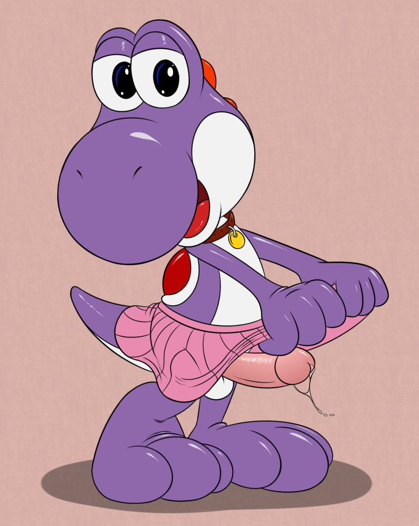 balls clothed clothing collar cpctail crossdressing dinosaur male male_only mario_(series) nintendo paws penis pet precum reptile scalie skirt video_games yoshi