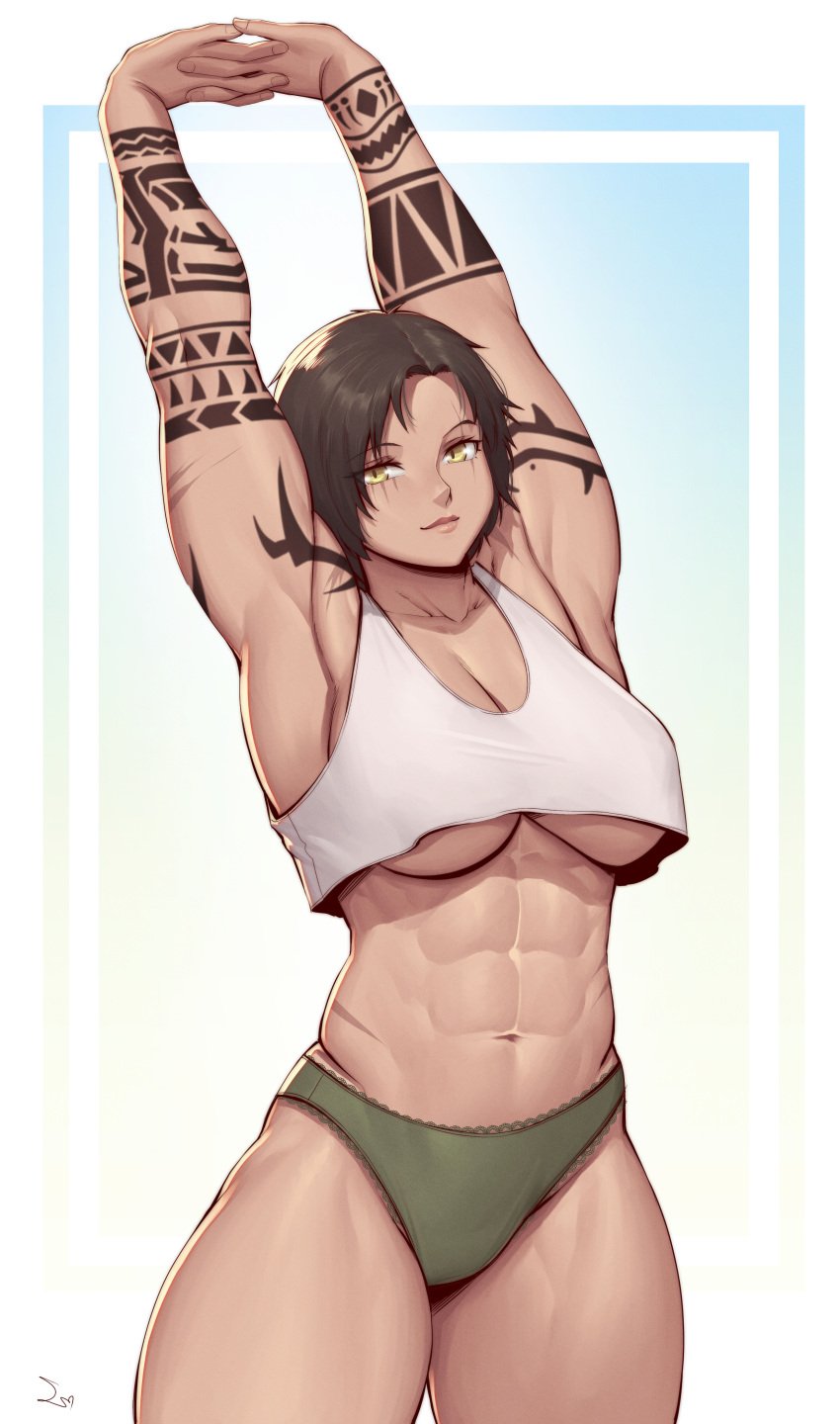 1girls abs absurd_res adonis_belt armpits arms_up bare_arms breasts brown_hair cleavage commission crop_top green_panties hi_res large_breasts looking_at_viewer midriff muscular muscular_female navel original original_character panties scar signature solo speedl00ver tank_top tattoo underboob underwear yellow_eyes