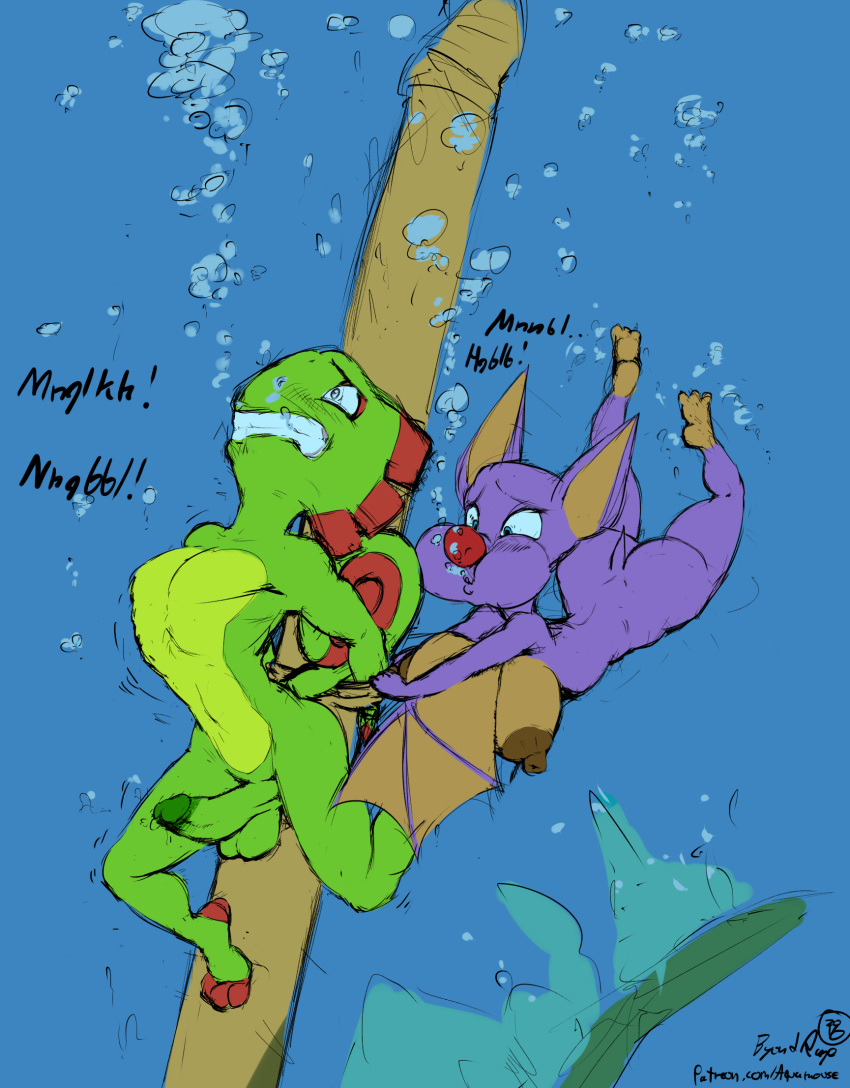 anthro asphyxiation barefoot big_breasts bondage bondage bound breasts byondrage chameleon chiropteran cleavage clenched_teeth clothed clothing diving drowning duo erection feet holding_breath kick laylee lizard mammal nipples penis peril puffed_cheeks reptile rescue scalie shipwreck swimming teeth underwater water wings yooka yooka-laylee