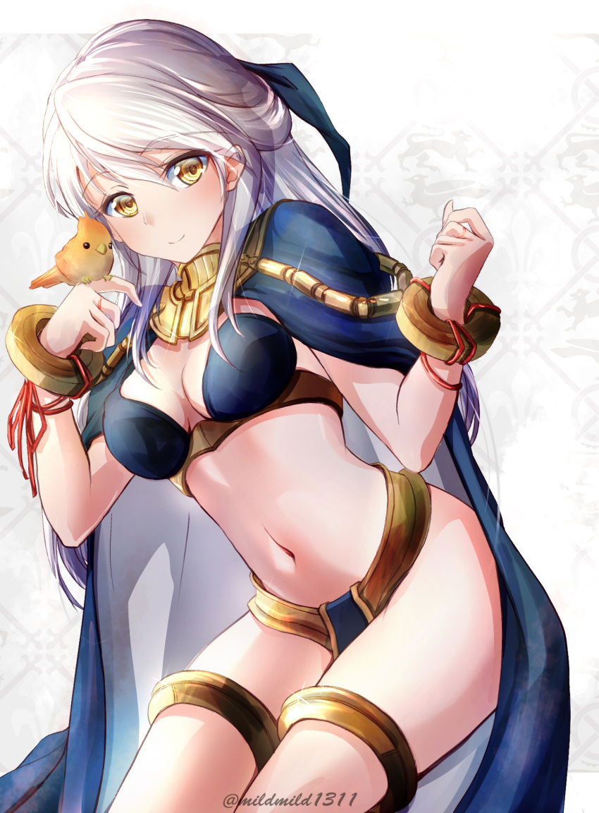 1girls adapted_costume alternate_costume bangs bird bird_on_hand bloom blue_cape breasts cape clear_glass_(mildmild1311) cleavage cosplay cowboy_shot female fire_emblem fire_emblem:_radiant_dawn fire_emblem_awakening hair_ribbon half_updo highres long_hair medium_breasts micaiah_(fire_emblem) navel nintendo ribbon shiny shiny_clothes silver_hair simple_background smile solo solo_female tharja_(fire_emblem)_(cosplay) twitter_username white_background yellow_eyes yune_(fire_emblem)