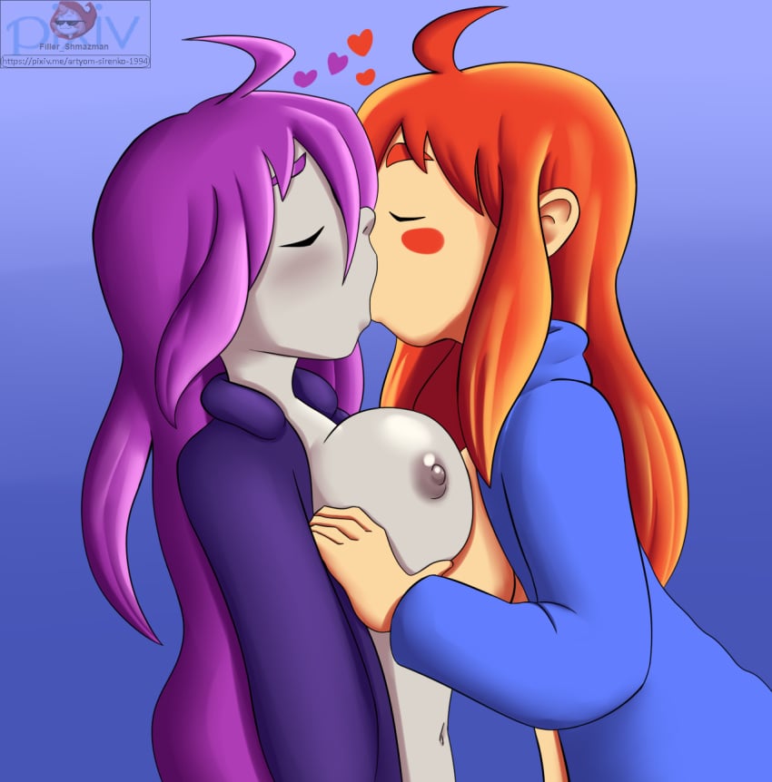 2girls areolae badeline breasts celeste_(game) closed_eyes duo erect_nipples female female_only filler_shmazman hair heart huge_breasts kissing madeline_(celeste) multiple_girls nipples orange_hair pale-skinned_female pale_skin purple_hair selfcest video_games yuri