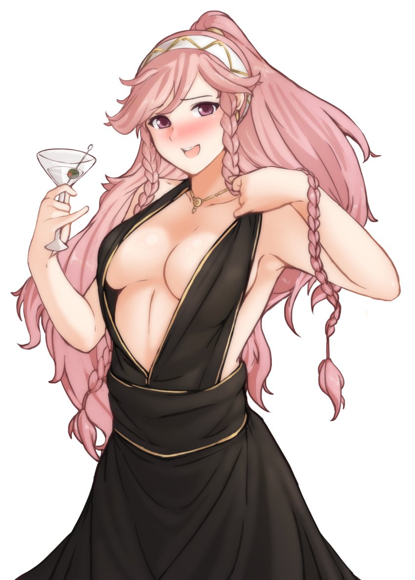 1girls alternative_costume backless_outfit bad_censor bare_arms bare_shoulders black_dress blush blushing braid breasts censored cleavage cocktail_glass covered_nipples covering cup deep_cleavage dress drink drinking drinking_glass embarrassed female female_only fire_emblem fire_emblem_awakening formal hairband halterneck high_resolution human human_only inner_sideboob long_hair medium_breasts necklace nintendo olivia_(fire_emblem) open_mouth pink_eyes pink_hair ponytail revealing_clothes sideboob smile smiling smiling_at_viewer soft soft_breasts solo solo_female tied_hair transparent_background tridisart twin_braids