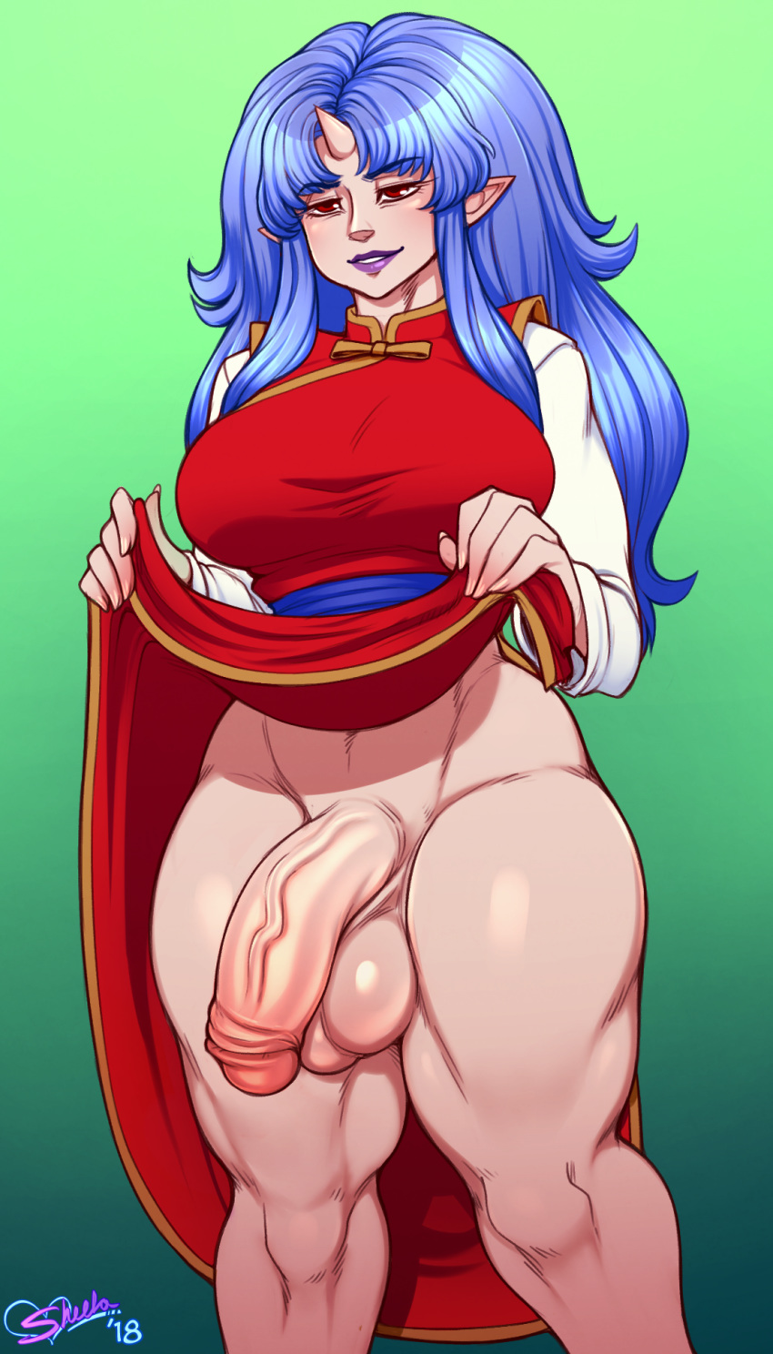 1futa big_breasts big_hair blue_hair breasts chinese_clothes cowboy_shot curvy demon_girl dress dress_lift flaccid futa_only futanari grin horn humanoid intersex large_breasts large_penis large_testicles lifted_by_self lipstick long_hair looking_at_viewer miyuki_(yu_yu_hakusho) muscular muscular_futanari naughty_face no_panties pale_skin pointy_ears presenting red_eyes sash seductive seductive_smile sheela shounen_jump solo solo_futa thick_penis thick_thighs veiny_penis voluptuous wide_hips yu_yu_hakusho